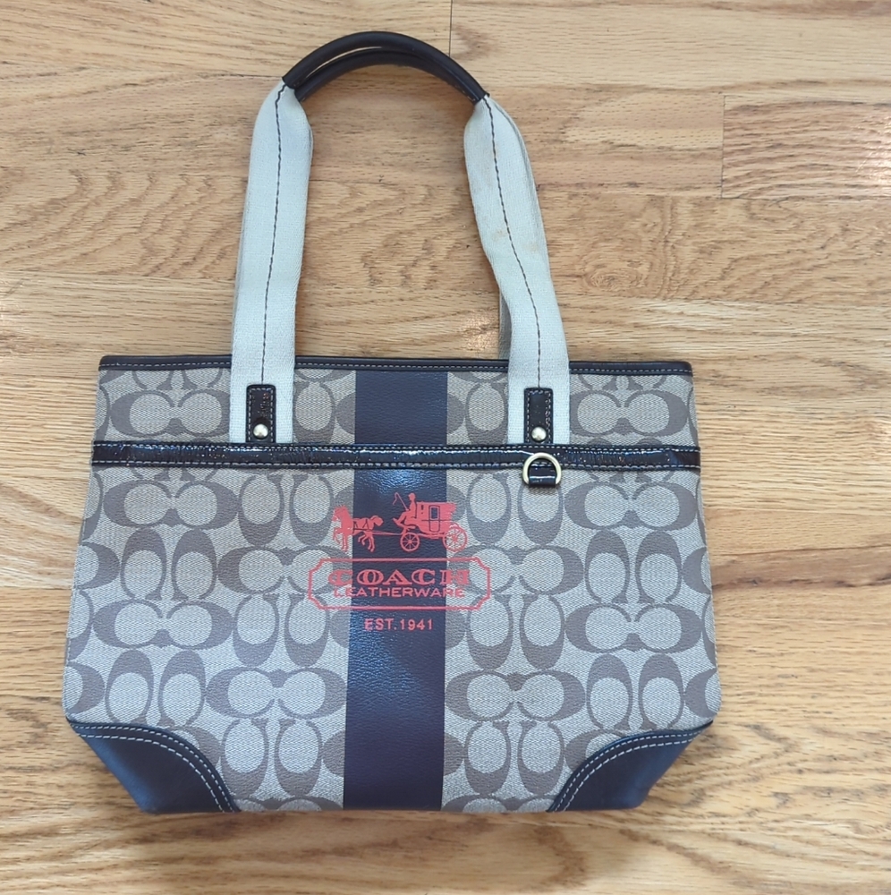 COACH Brown Signature Heritage  Stripe Leather PVC Shoulder Tote Purse 11349 M38